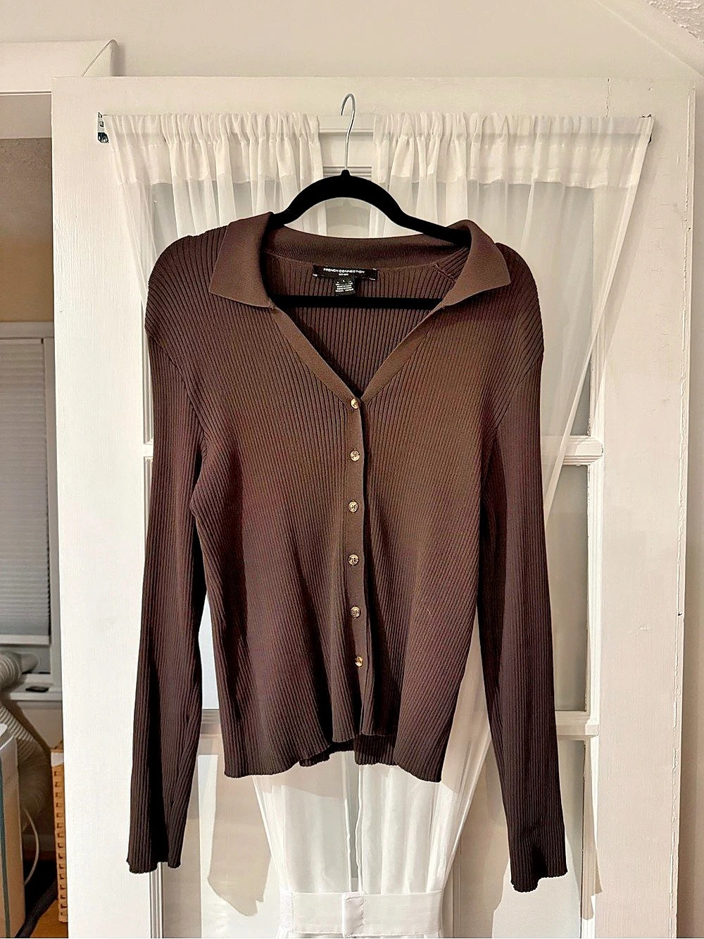 French Connection Ribbed Button Front Cardigan Brown Large
